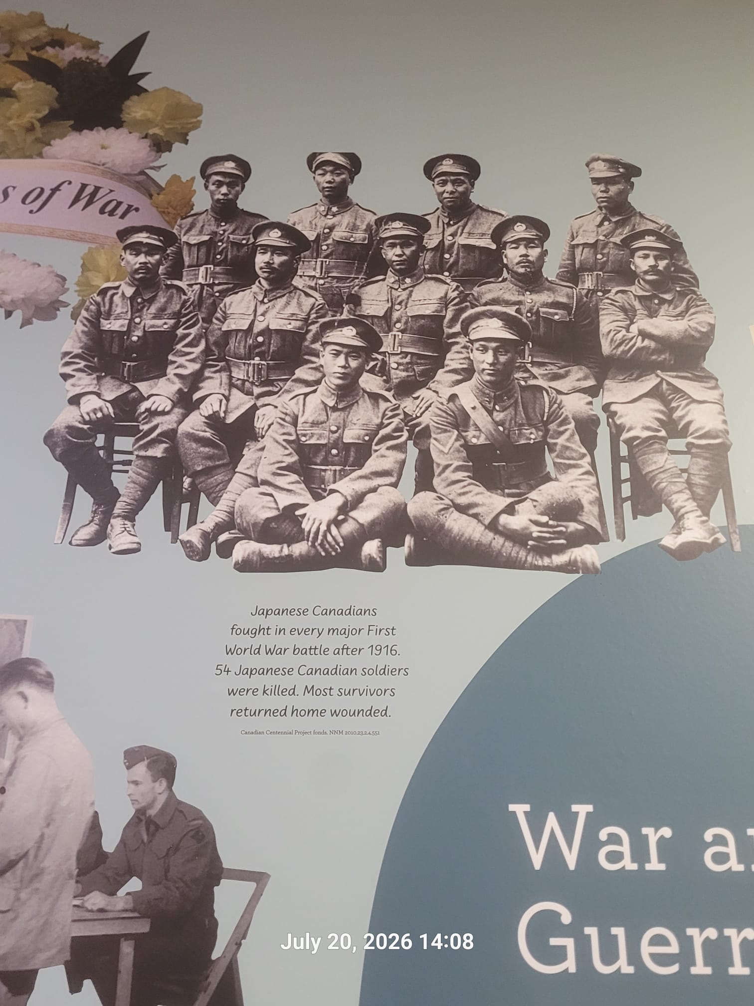 Photograph of an interpretive display showing Japanese Canadian soldiers in First World War uniforms